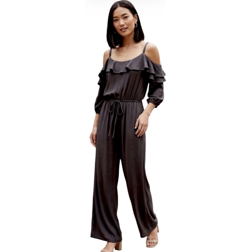 Mesmerize Jumpsuit in Black Ruffle Detail Elastic Waistband Size Large